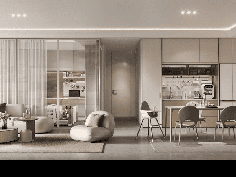 Không gian mở kết nối phòng khách và phòng bếp