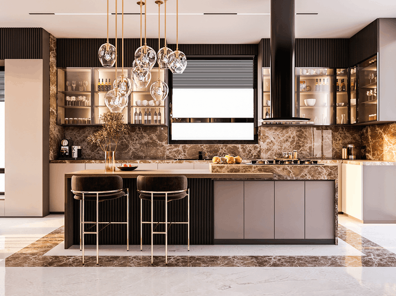 Phong cách này ưu tiên các vật liệu như đá tự nhiên, kim loại cao cấp
