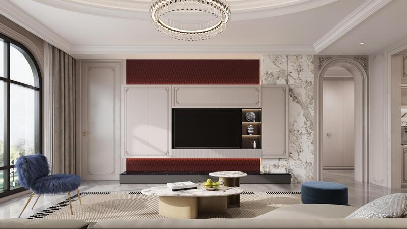 Phòng khách luxury được thiết kế với bố cục tinh giản và vật liệu cao cấp