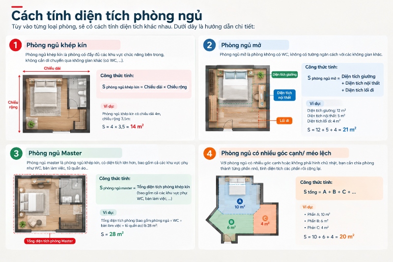 Cách tính diện tích phòng ngủ theo từng loại phòng