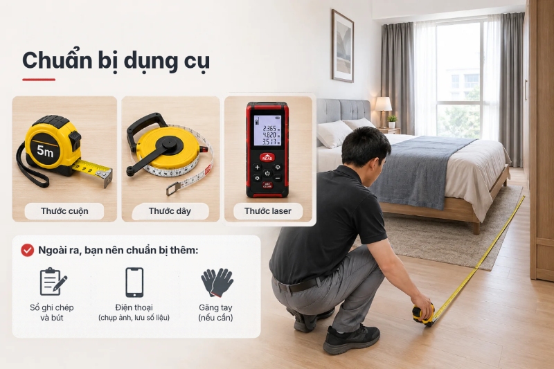 Chuẩn bị dụng cụ tính diện tích phòng ngủ