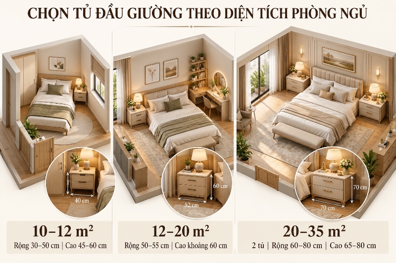 Lựa chọn tủ đầu giường theo diện tích phòng ngủ