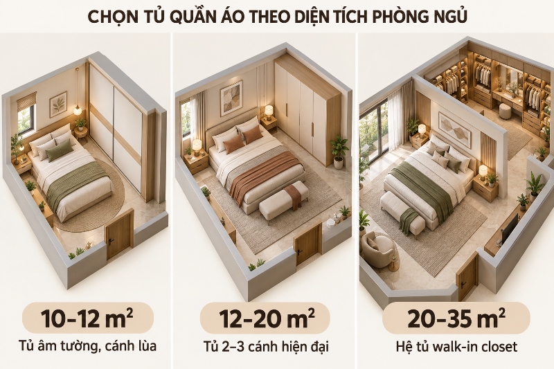 Lựa chọn tủ quần áo theo diện tích phòng ngủ
