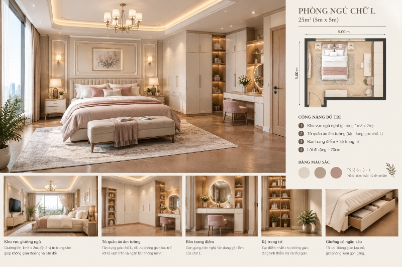 Bố trí phòng ngủ hình chữ L 25m2