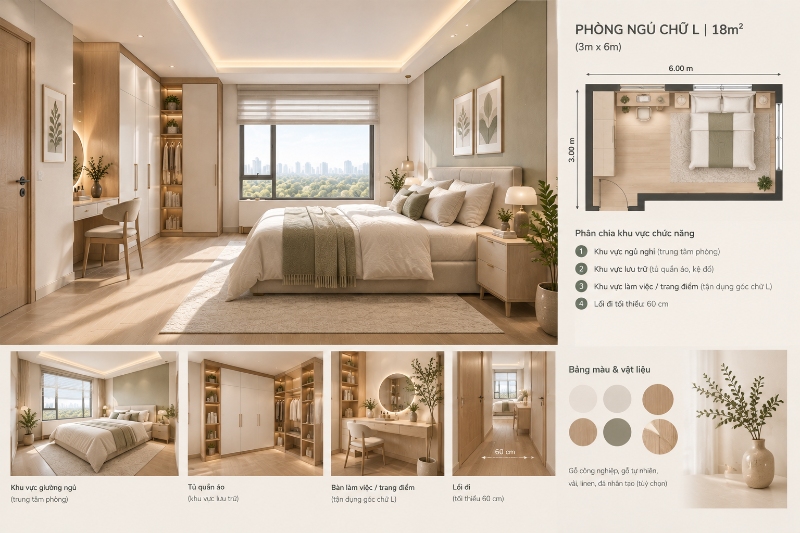Bố trí phòng ngủ chữ L 18m2
