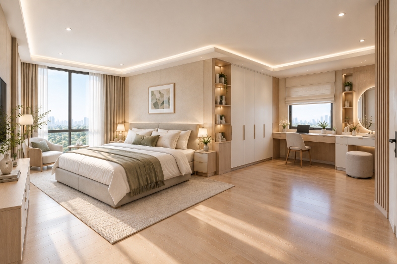 Mẫu thiết kế tận dụng góc chữ L làm khu vực làm việc trong phòng ngủ