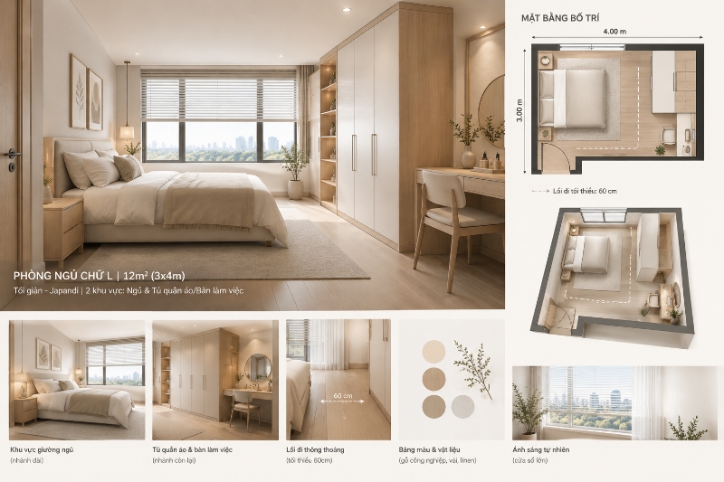 Bố trí phòng ngủ chữ L 12m2