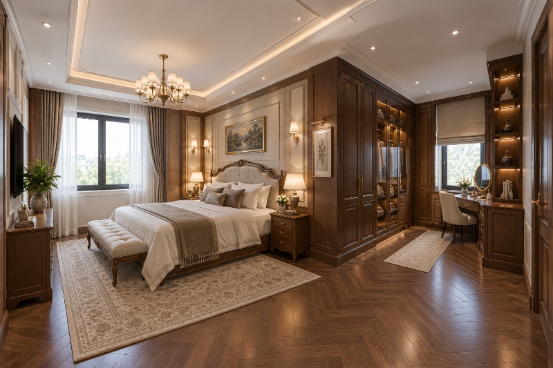 Thiết kế phòng ngủ phong cách Tân cổ điển tận dụng góc chữ L làm khu vực lưu trữ quần áo