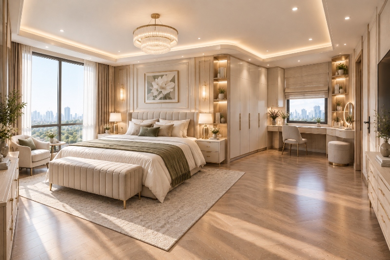 Thiết kế phòng ngủ hình chữ L 25m2 phong cách Tân cổ điển