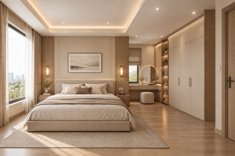 Mẫu phòng ngủ hình chữ L phong cách Japandi tối giản tinh tế