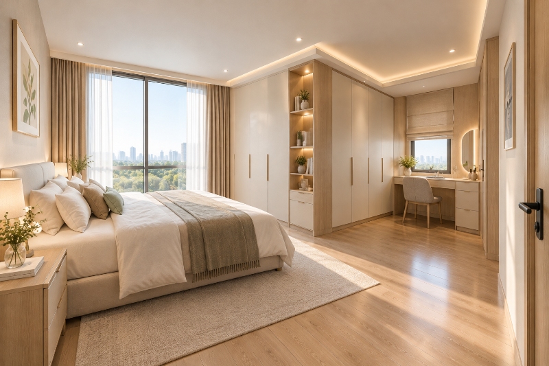 Thiết kế phòng ngủ 12m2 chữ L theo hướng tối giản