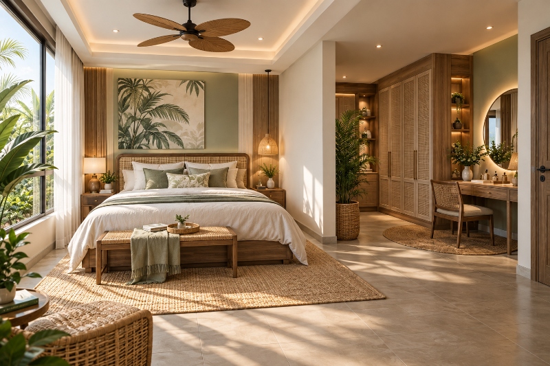 Mẫu thiết kế phòng ngủ hình chữ L phong cách nhiệt đới với cây xanh