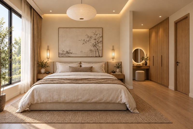 Mẫu phòng ngủ hình chữ L phong cách Japandi thanh lịch, nhẹ nhàng