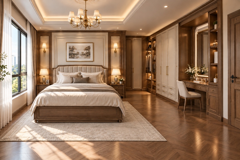 Mẫu phòng ngủ hình chữ L Tân cổ điển với nội thất ốp gỗ tự nhiên